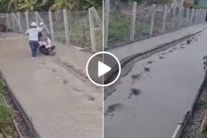 Motociclista Invade Obra e Faz Uma Verdadeira Escalada Sobre o Pavimento Ainda Fresco
