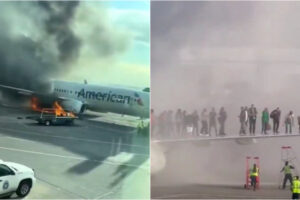 Boeing Da American Airlines Incendeia-se e Passageiros São Retirados Para a Asa Do Avião