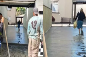 Mulher Ignora Trabalho De Um Dia Dos Trolhas e Faz Caminhada Sobre o Cimento Fresco