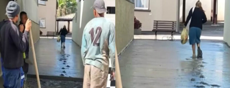 Mulher Ignora Trabalho De Um Dia Dos Trolhas e Faz Caminhada Sobre o Cimento Fresco Mulher Ignora Trabalho De Um Dia Dos Trolhas e Faz Caminhada Sobre o Cimento Fresco