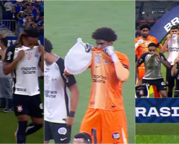 Jogadores Do Corinthians Entram Em Campo Com a Camisola a Tapar a Boca Em Apoio a Vini Jr. Jogadores Do Corinthians Entram Em Campo Com a Camisola a Tapar a Boca Em Apoio a Vini Jr.